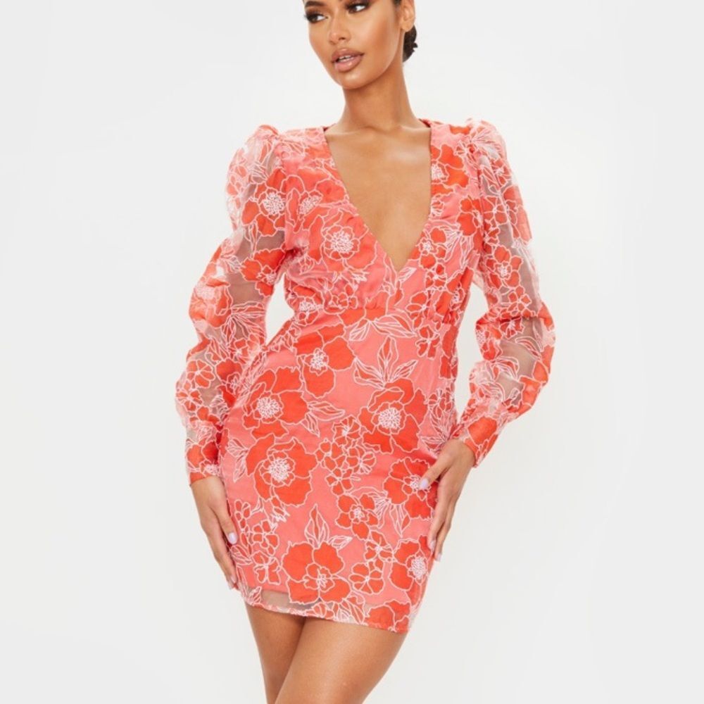 Fashion Nova Orange Puff Sleeve Mini Dress
